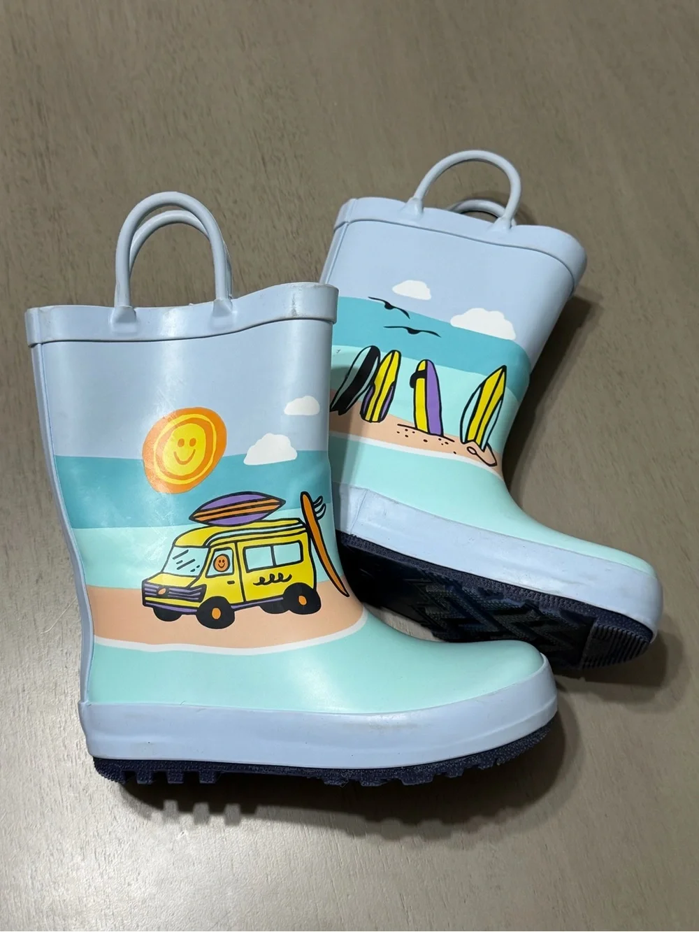 Cat & Jack Light Blue Kids Surf Van Rain Boots with Yellow Sun